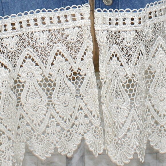 HAND CRAFTED Jacket Denim Blue Jean Upcycled Floral Vintage Cream Lace 2X - Picture 6 of 14